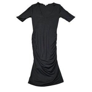 Good American‎ Black Midi Dress V Neck Ruched Bodycon Casual Cocktail Womens S